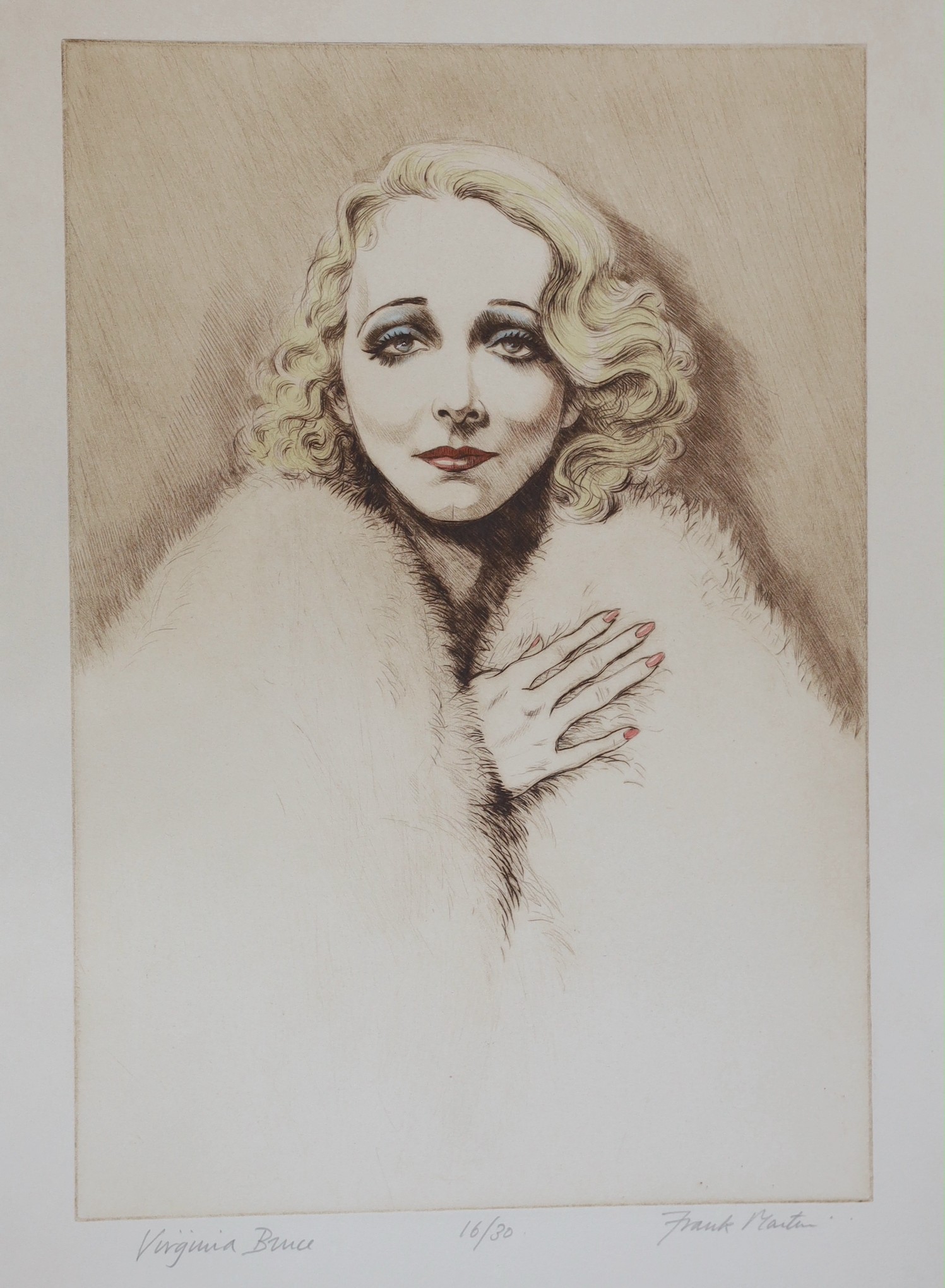 Frank Martin (1921-2005), five limited edition prints, Portraits of Vera Zorina, Elissa Landi, Dolores Costello, Tallulah Bankhead and Virgina Bruce, all signed in pencil and numbered from edition of 30 or 50, largest 44